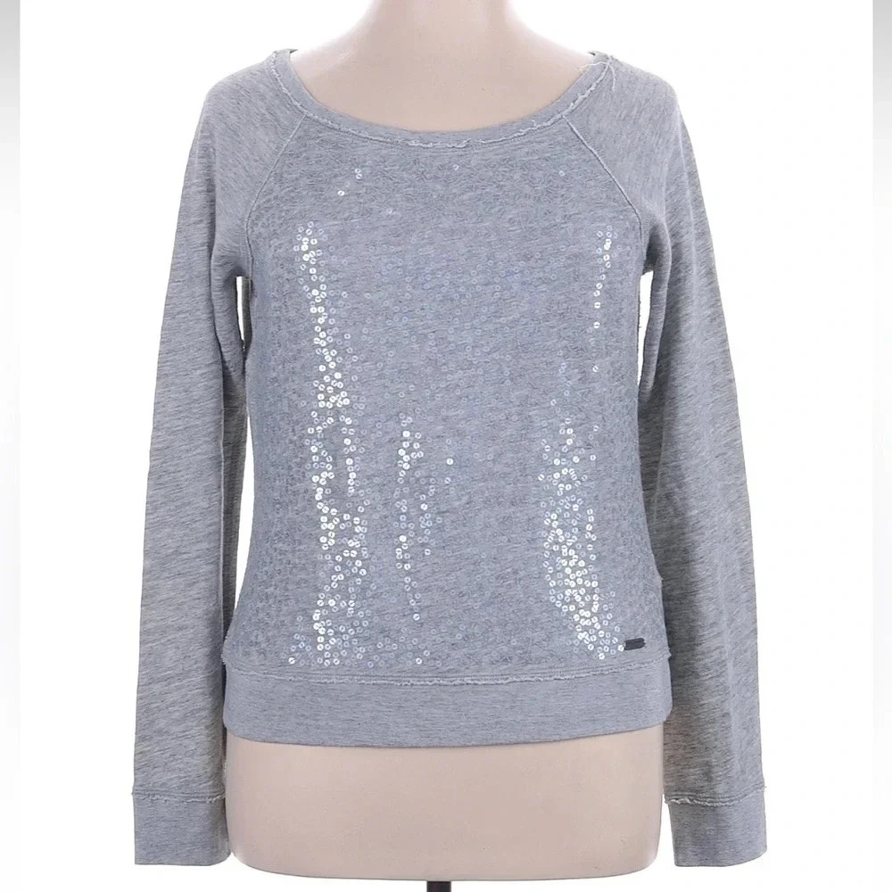 Abercrombie & Fitch Grey Sequin Cotton Blend Sweatshirt Y2K Stretchy Size XL A&F